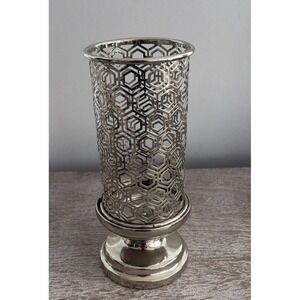 Vintage Cutout Ornate Silver Metal Candleholder Tea light Pillar Vase Decor